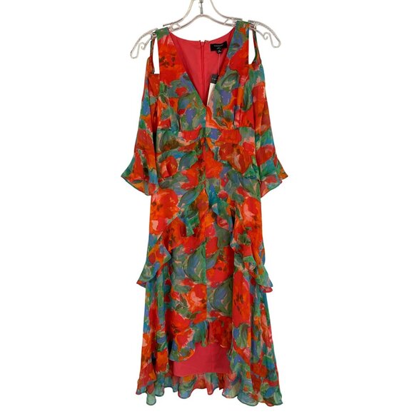 Tahari 2P Cold Shoulder Chiffon Floral Dress Ruffle High Low RDD10669 NWT - Picture 5 of 11